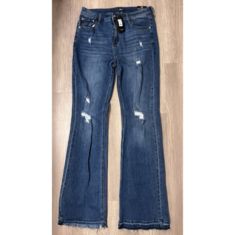 Fashion Nova Tall Road Tripper Ripped Stretch Flare Jeans Dark Wash Size 15 NWT